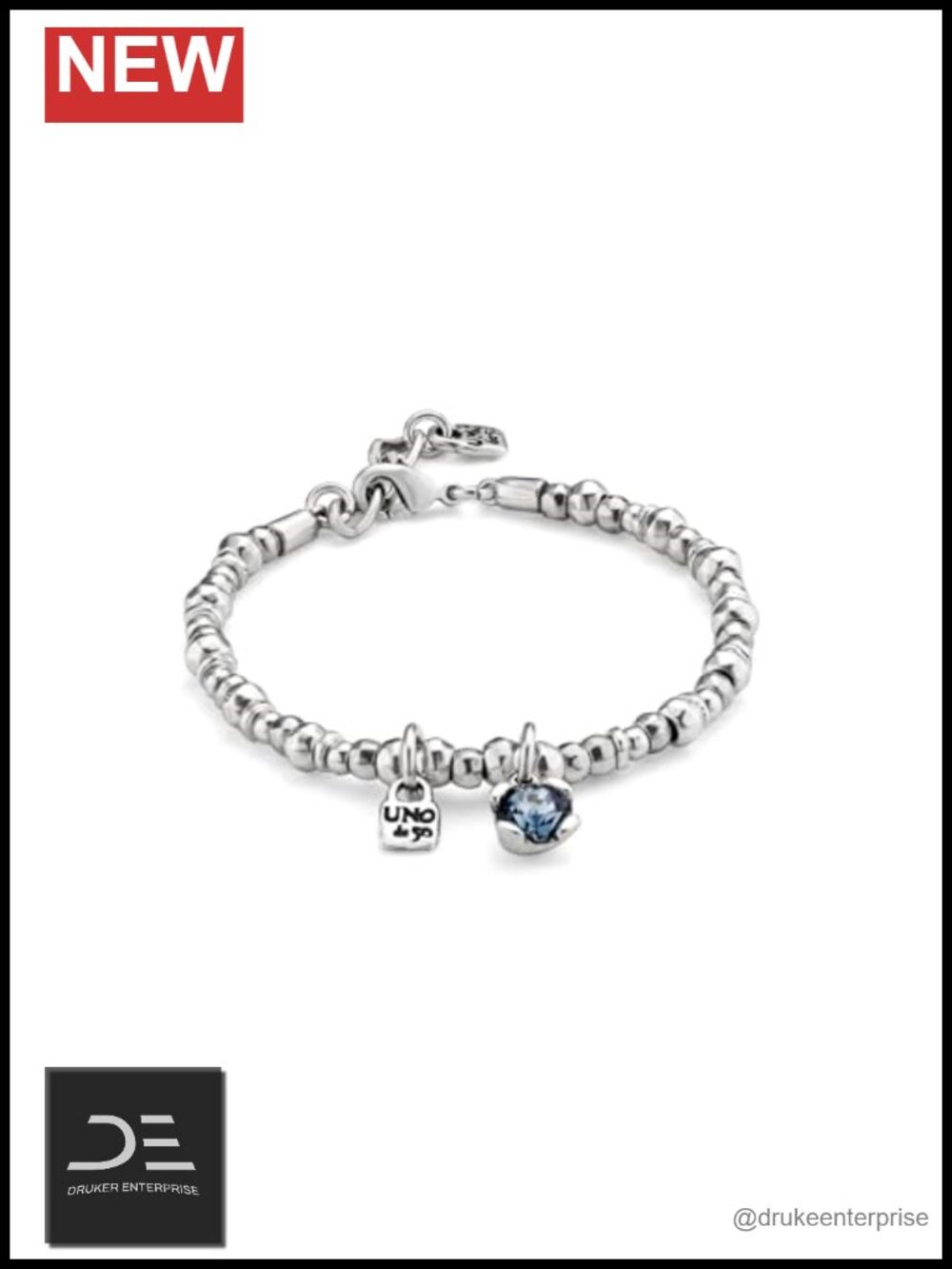 Sterling Silver-Plated Charm Bracelet with Blue Crystal, Lobster Claw Clasp